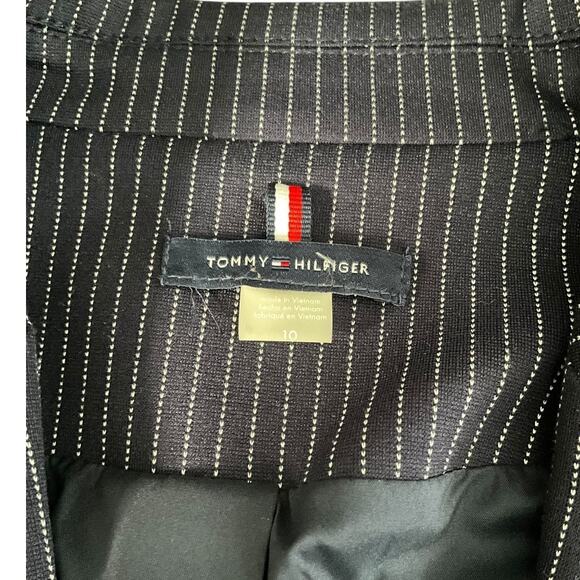 Tommy Hilfiger Women's Navy Pinstripe Blazer Size 10 Single Button Elbow Patches - Picture 10 of 12
